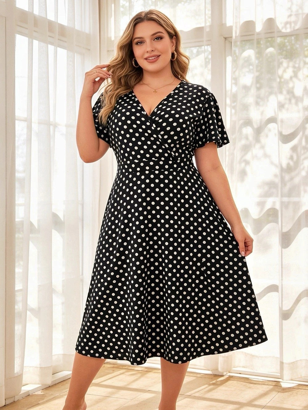 Nemidor Black White Polka Dot Wrap Midi Dress Size 16 NWT